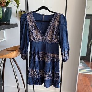 Free People My Love blue boho embroidered mini dress